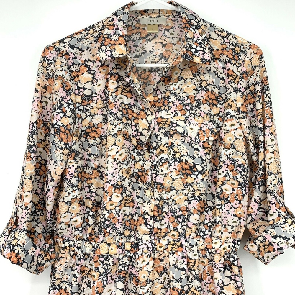 LOFT Floral Button Down Roll Tab Sleeve Dress - Picture 2 of 8